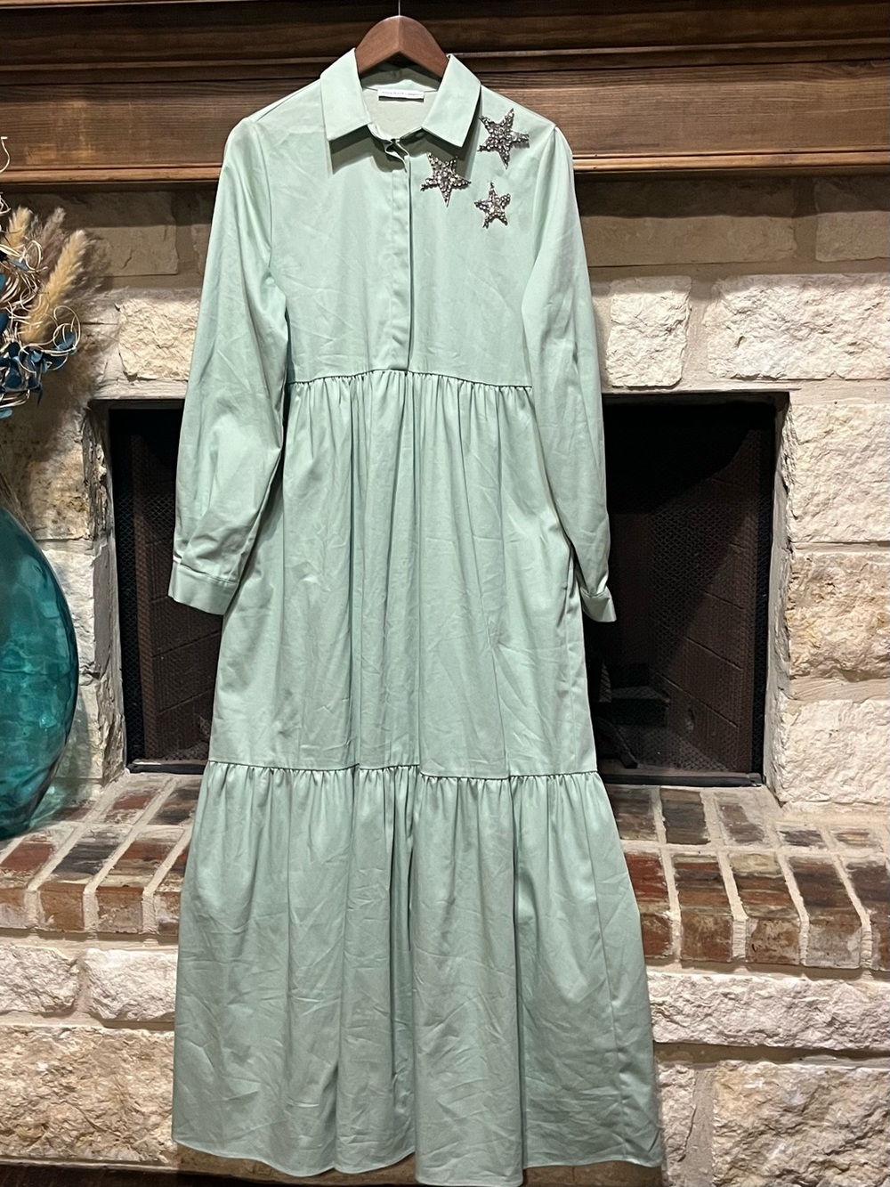 Nihan Peker x DeFacto Mint Green Star Embroidered Poplin Maxi Shirt Dress